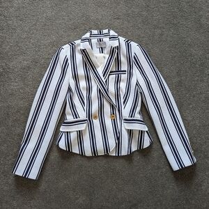 1. State Women Construct Stripe Textured White Blue Jacket Gold Buttons Medium